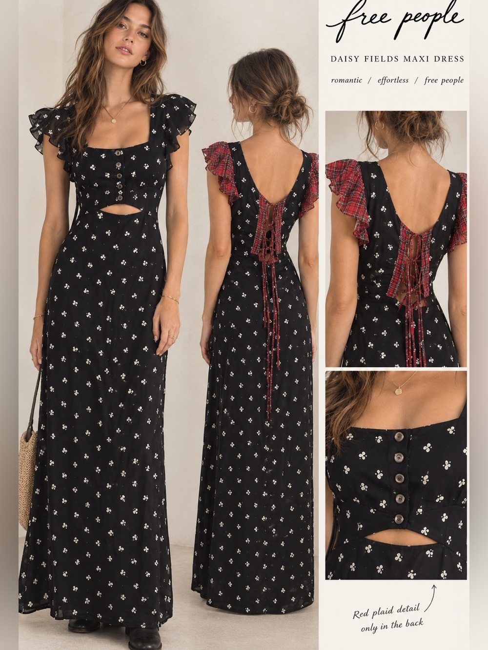 Free People Black Maxi Dress with Red Plaid Cap Sleeves